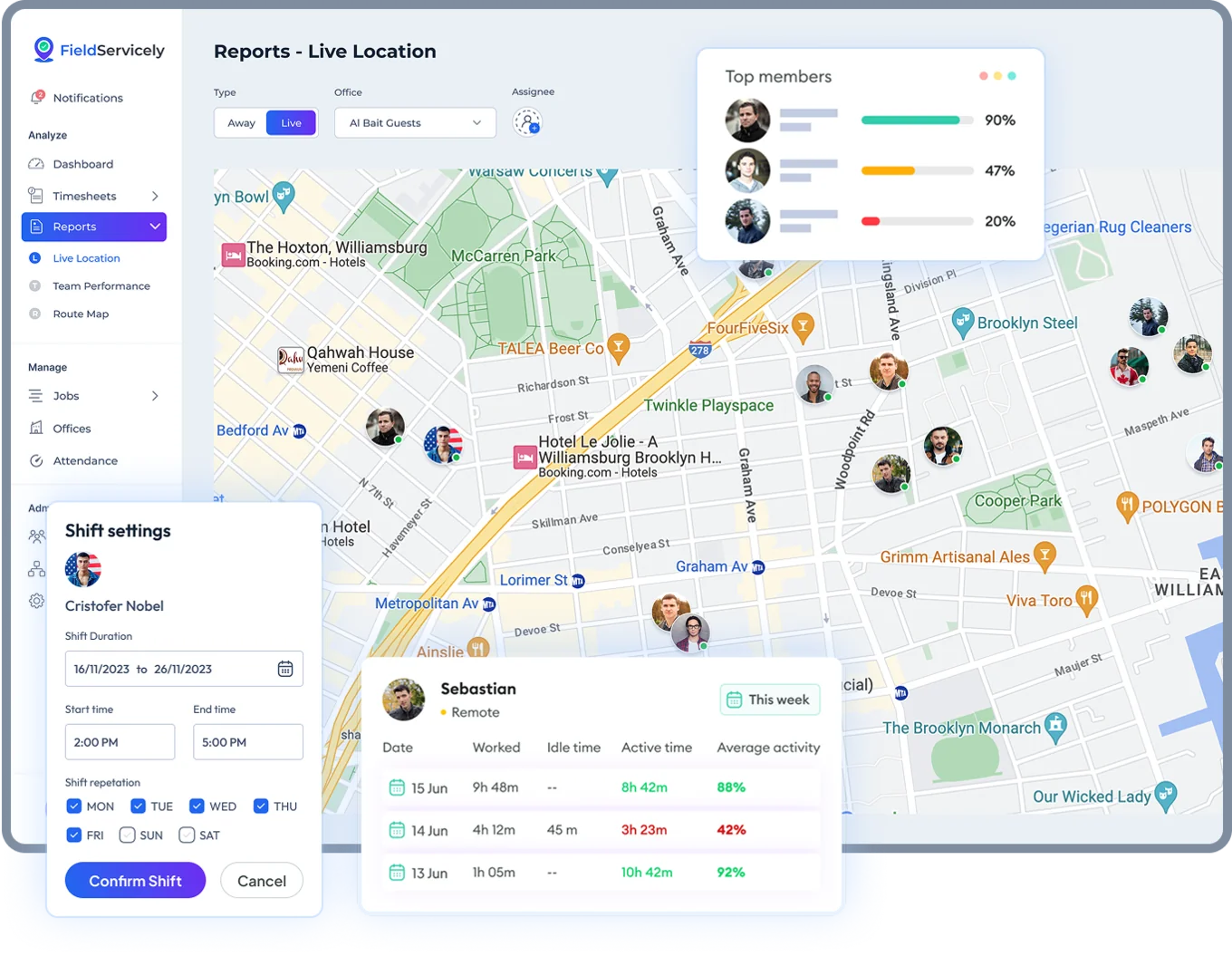 FieldServicely mobile app showing GPS time clock and job tracking